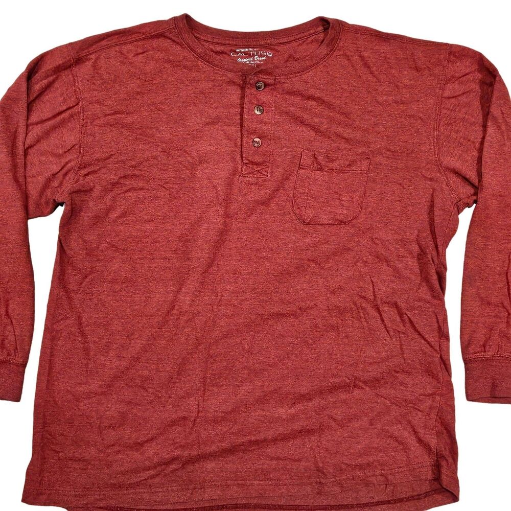 Cactus Burgundy Men's Long Sleeve Henley Shirt 2XL Cotton Pocket 3 Button Casual